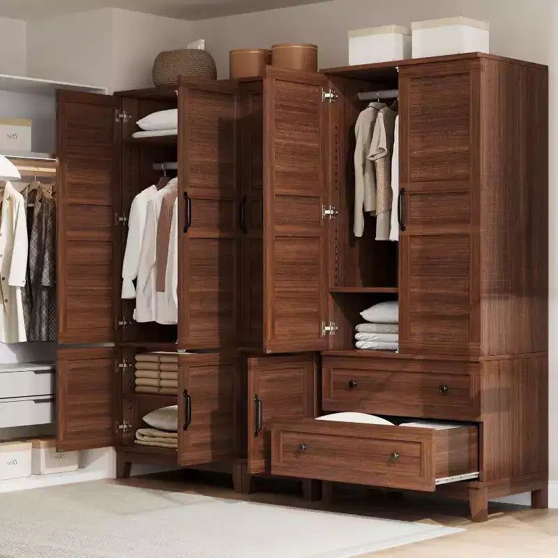 Armoire de 183 cm de haut en bois avec 4 portes, tringle de suspension et étagères réglables, Armoire de rangement autonome pour chambre à coucher