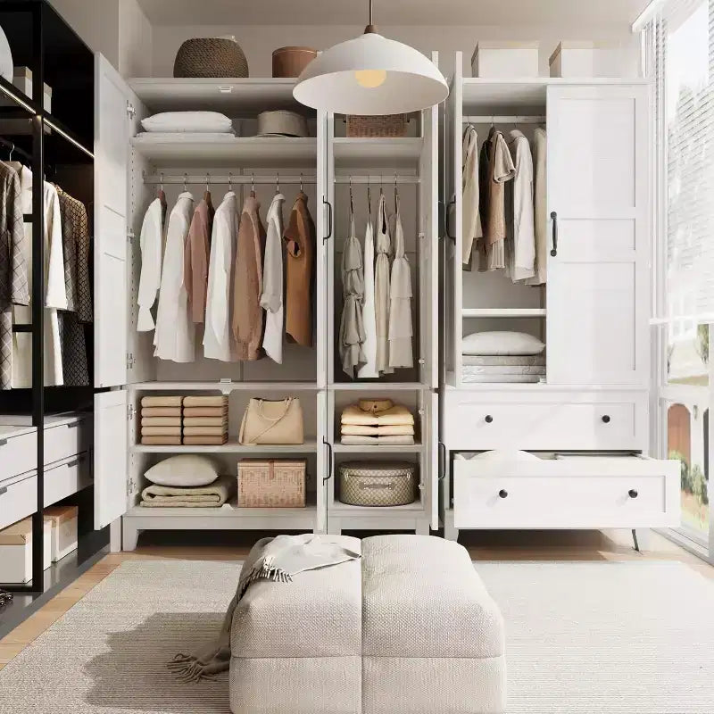 Armoire de 183 cm de haut en bois avec 4 portes, tringle de suspension et étagères réglables, Armoire de rangement autonome pour chambre à coucher