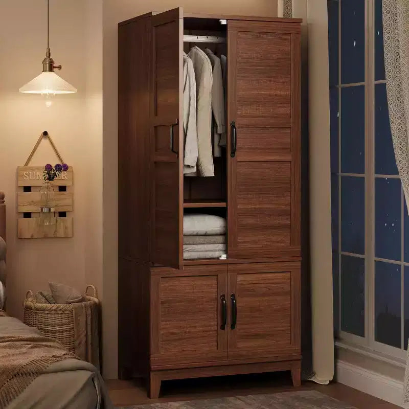 Armoire de 183 cm de haut en bois avec 4 portes, tringle de suspension et étagères réglables, Armoire de rangement autonome pour chambre à coucher