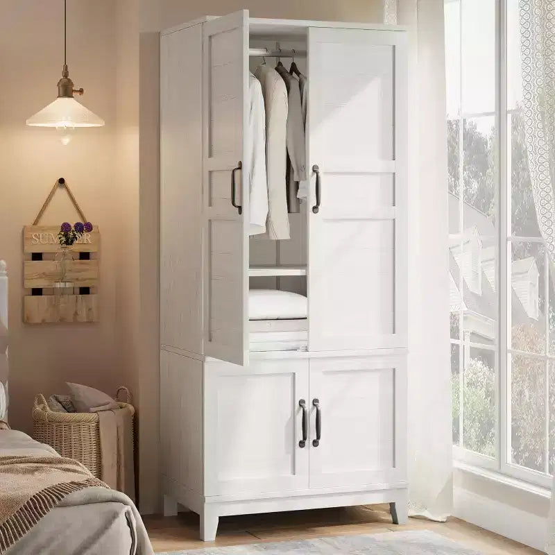 72 in Tall Wooden Armoire Wardrobe Closet with 4 Doors, Hanging Rod and Adjustable Shelves, Freestanding Clothing Storage Cabinet for Bedroom