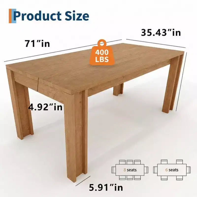 Table de salle à manger pour 6-8 personnes, table de cuisine rectangulaire de style ferme avec pieds larges en H, plateau épais, finition en bois naturel