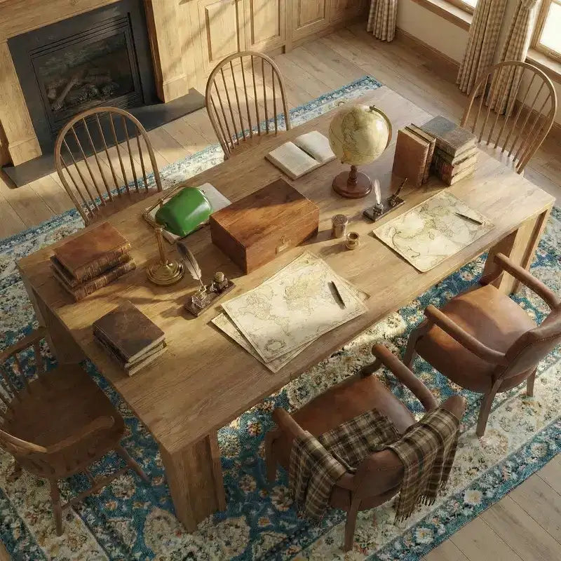 Table de salle à manger pour 6-8 personnes, table de cuisine rectangulaire de style ferme avec pieds larges en H, plateau épais, finition en bois naturel