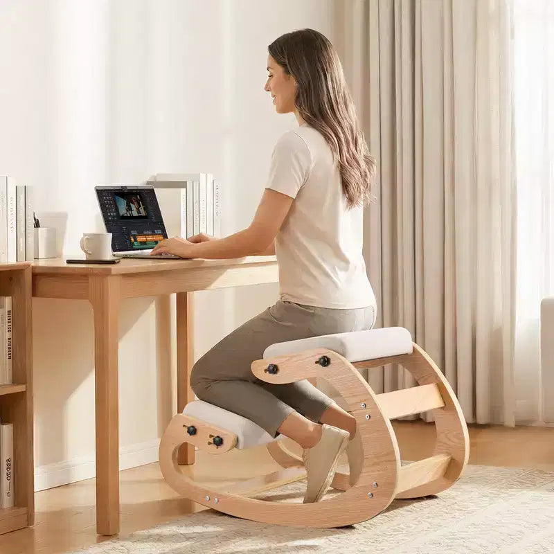 Chaise ergonomique à genoux, chaise à genoux en bois avec coussins en mousse épais réglables et cadre en bois massif, hauteur réglable, beige