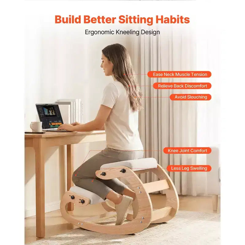 Chaise ergonomique à genoux, chaise à genoux en bois avec coussins en mousse épais réglables et cadre en bois massif, hauteur réglable, beige
