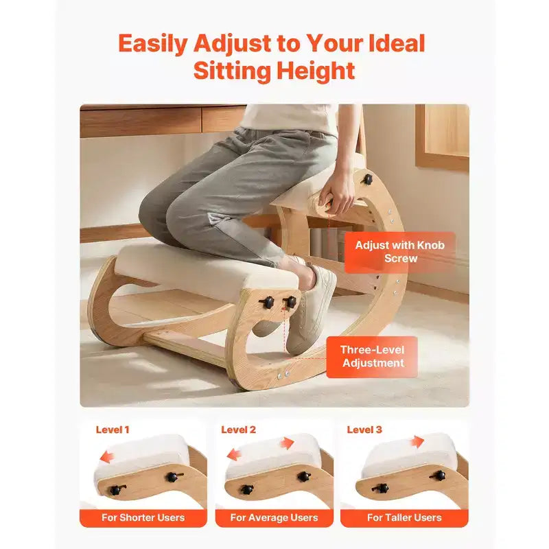 Chaise ergonomique à genoux, chaise à genoux en bois avec coussins en mousse épais réglables et cadre en bois massif, hauteur réglable, beige
