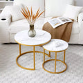 Set of 2 Nesting Coffee Tables  White & Gray Marble Top with Golden Frame, Round Wooden Tables for Living Room, Bedroom, Modern Industrial Nightstand