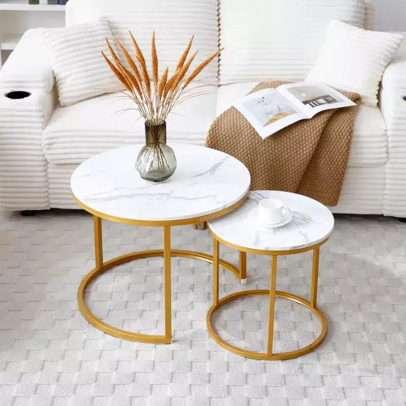Set of 2 Nesting Coffee Tables  White & Gray Marble Top with Golden Frame, Round Wooden Tables for Living Room, Bedroom, Modern Industrial Nightstand