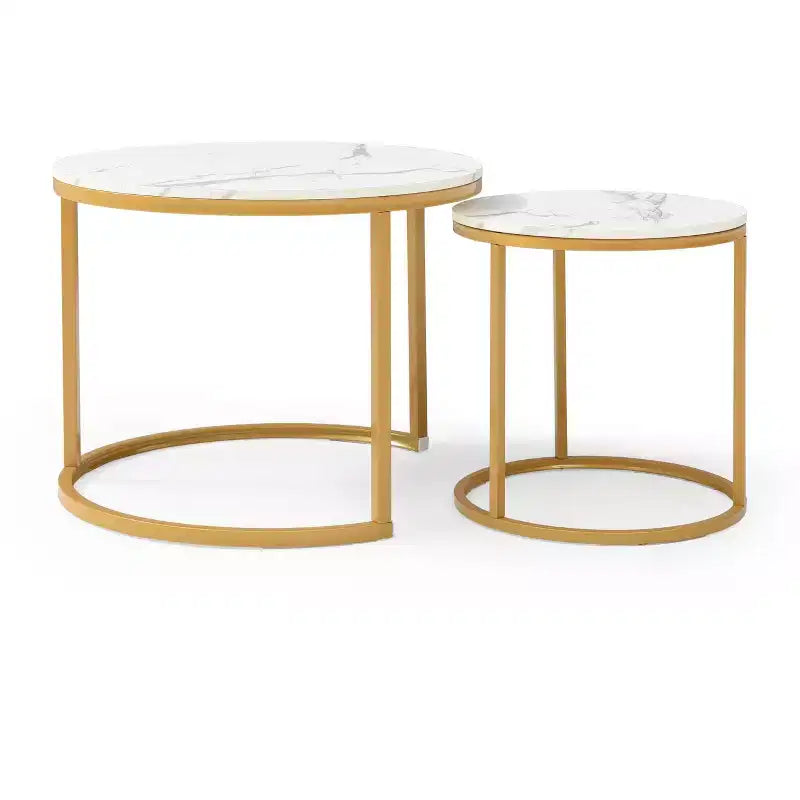 Lot de 2 tables basses gigognes – Plateau en marbre blanc et gris avec cadre doré, tables rondes en bois pour salon, chambre, table de chevet industrielle moderne