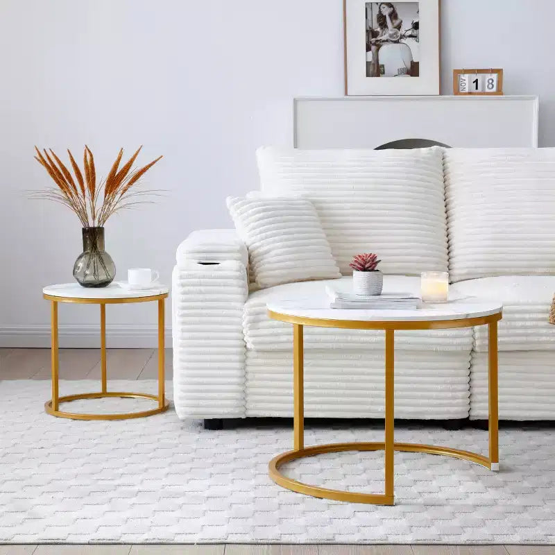 Lot de 2 tables basses gigognes – Plateau en marbre blanc et gris avec cadre doré, tables rondes en bois pour salon, chambre, table de chevet industrielle moderne