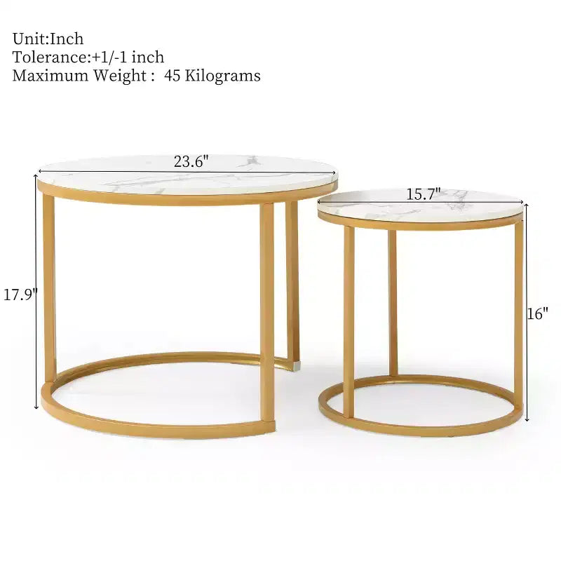 Lot de 2 tables basses gigognes – Plateau en marbre blanc et gris avec cadre doré, tables rondes en bois pour salon, chambre, table de chevet industrielle moderne