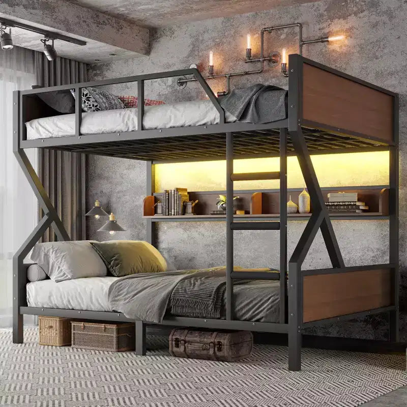 Bellemave Queen over Queen Metal Bunk Bed with Storage Shelves & LED Light, Heavy-Duty Bunk Bed Frame with Guardrails & Ladder, Noise-Free, Black