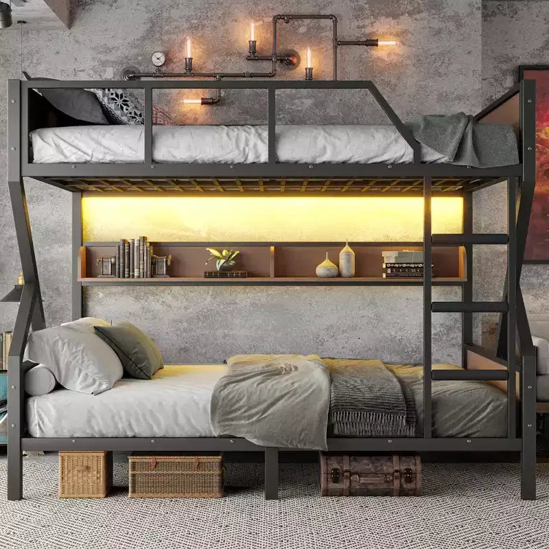 Lit superposé Queen sur Queen en métal avec étagères de rangement et lumière LED, cadre de lit superposé robuste avec garde-corps et échelle, sans bruit, noir