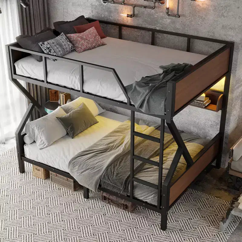 Lit superposé Queen sur Queen en métal avec étagères de rangement et lumière LED, cadre de lit superposé robuste avec garde-corps et échelle, sans bruit, noir