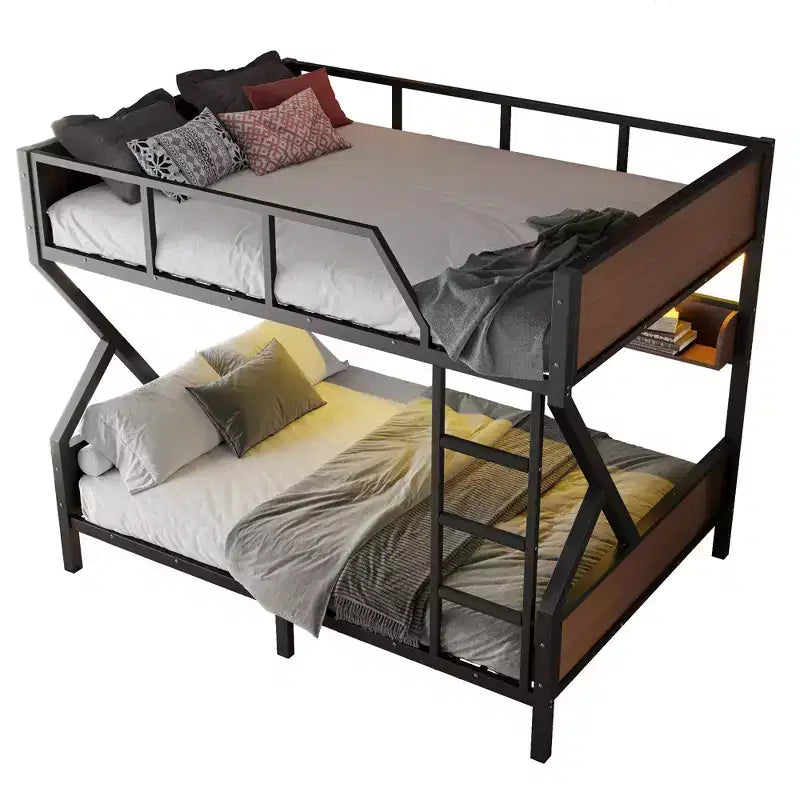 Lit superposé Queen sur Queen en métal avec étagères de rangement et lumière LED, cadre de lit superposé robuste avec garde-corps et échelle, sans bruit, noir