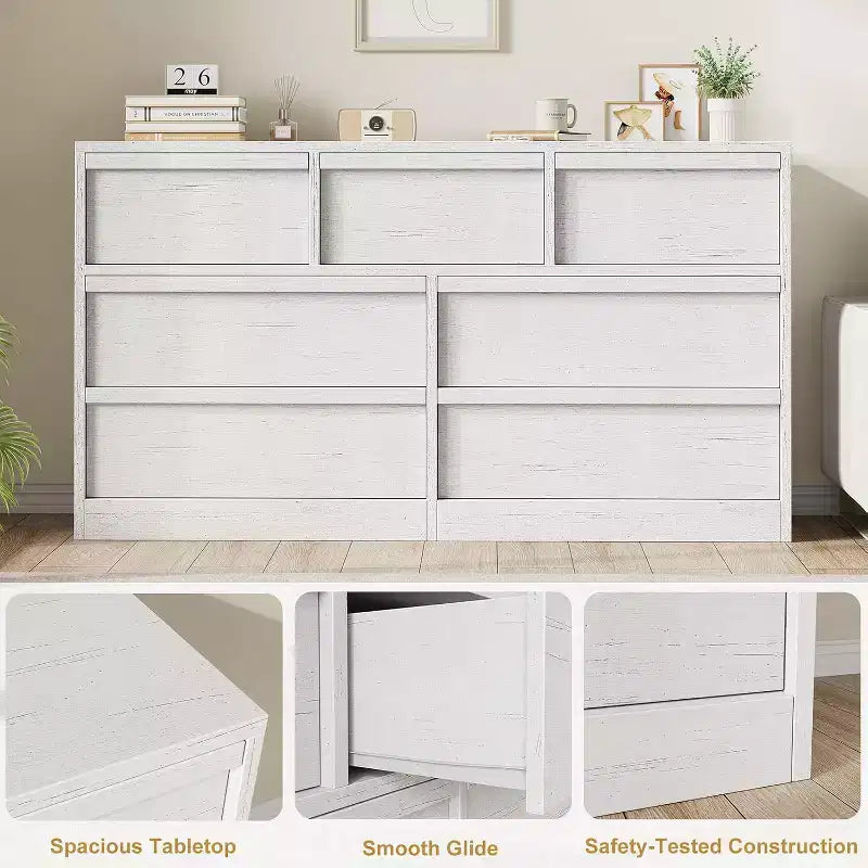 Commode à 7/8 tiroirs, Grande commode en bois, Grand meuble de rangement pour chambre, salon, chambre de bébé et entrée