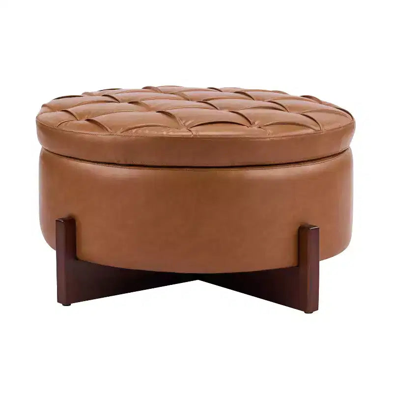 Pouf de rangement rond moderne en bois tapissé, avec capitonnage et couvercle réversible