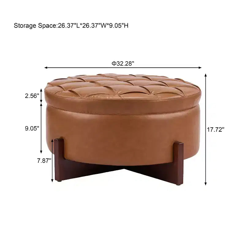 Pouf de rangement rond moderne en bois tapissé, avec capitonnage et couvercle réversible