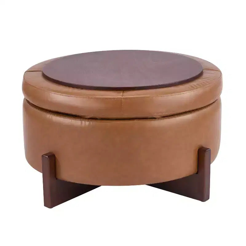 Pouf de rangement rond moderne en bois tapissé, avec capitonnage et couvercle réversible