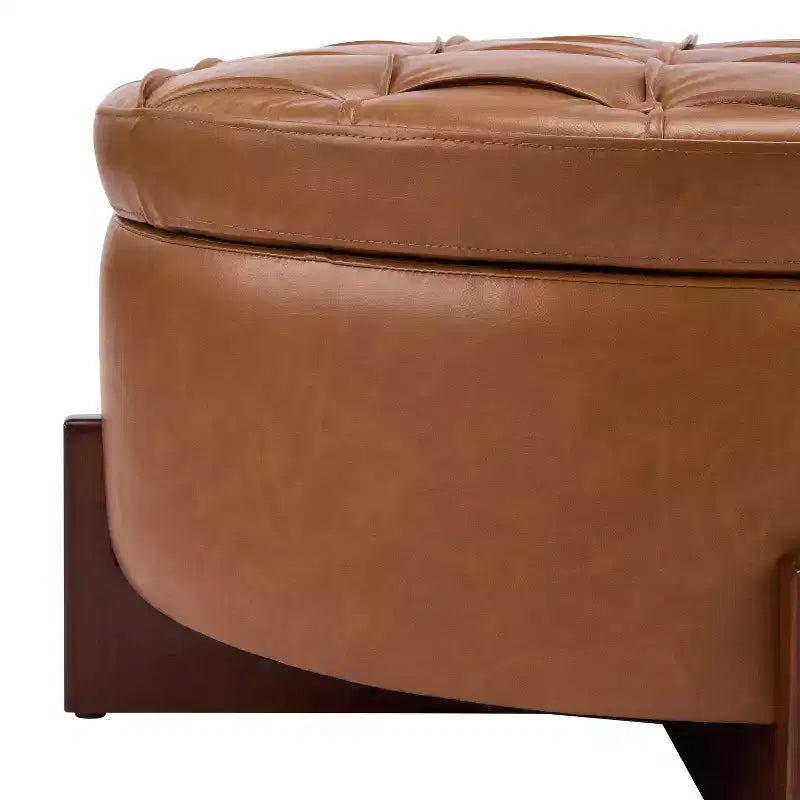 Pouf de rangement rond moderne en bois tapissé, avec capitonnage et couvercle réversible