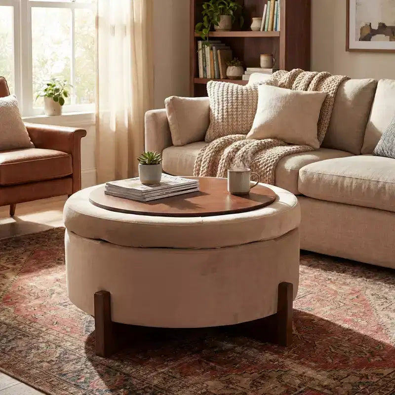 Pouf de rangement rond moderne en bois tapissé, avec capitonnage et couvercle réversible