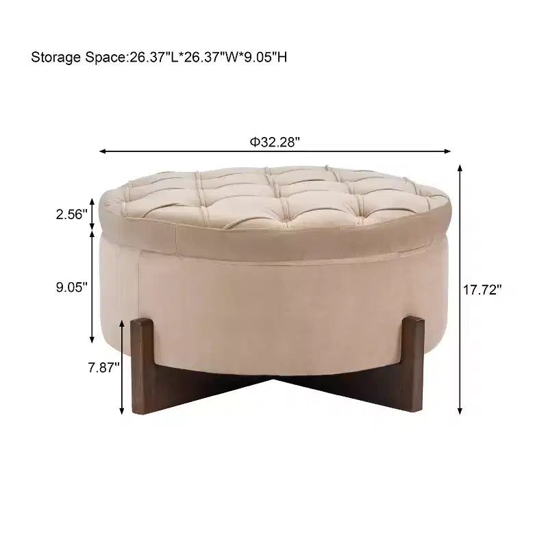 Pouf de rangement rond moderne en bois tapissé, avec capitonnage et couvercle réversible