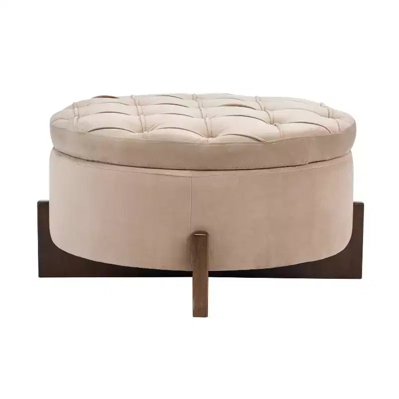 Pouf de rangement rond moderne en bois tapissé, avec capitonnage et couvercle réversible