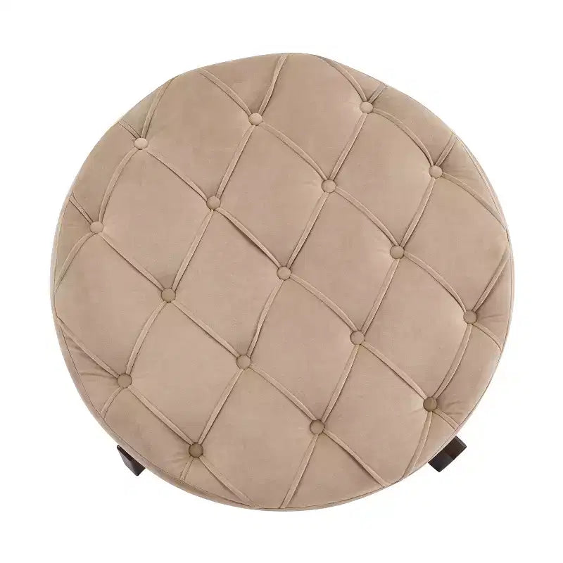 Pouf de rangement rond moderne en bois tapissé, avec capitonnage et couvercle réversible