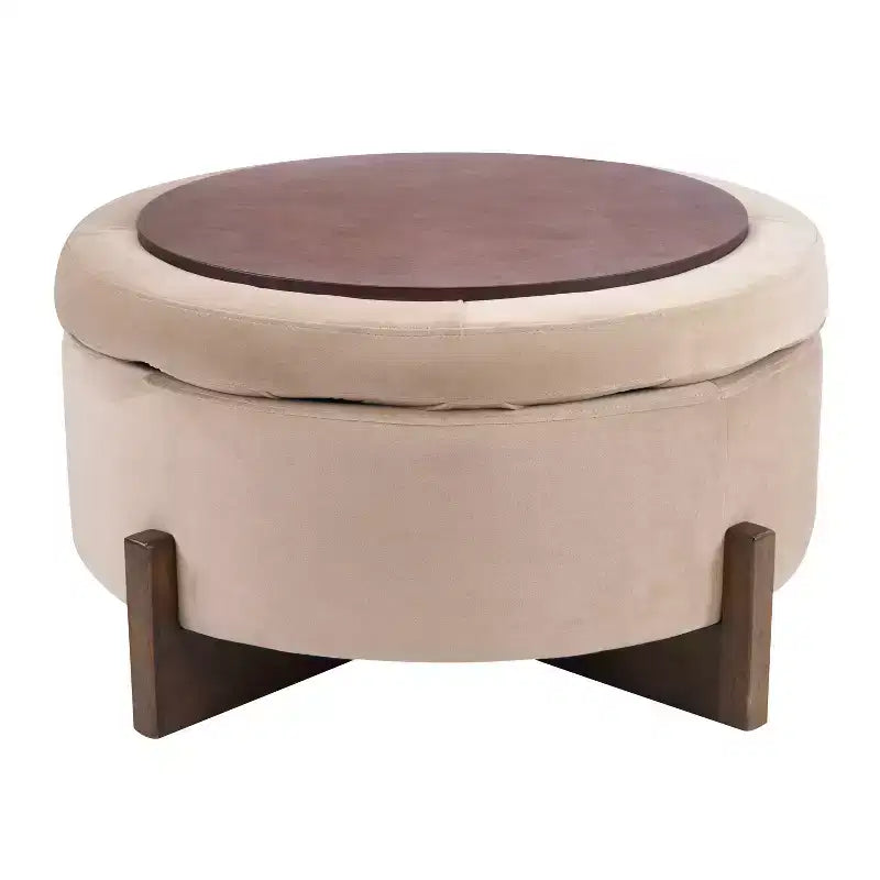 Pouf de rangement rond moderne en bois tapissé, avec capitonnage et couvercle réversible