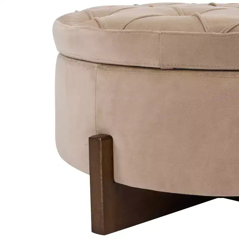 Pouf de rangement rond moderne en bois tapissé, avec capitonnage et couvercle réversible