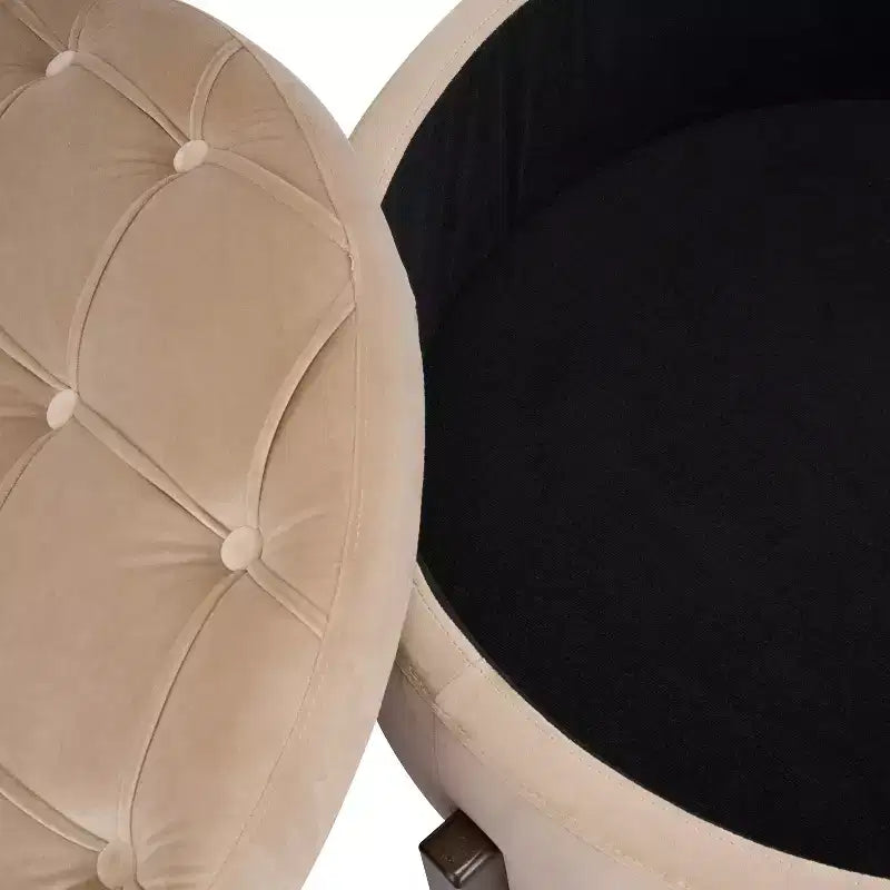 Pouf de rangement rond moderne en bois tapissé, avec capitonnage et couvercle réversible