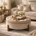 Christopher Knight Home Javier Modern Wooden Upholstered Round Storage Ottoman with Tufted Design and Reversible Lid