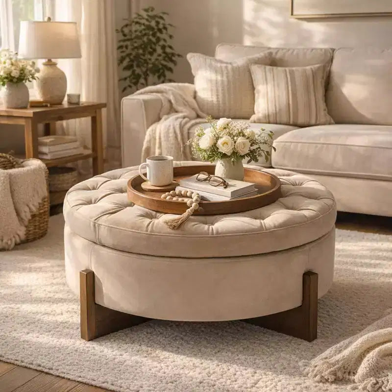 Christopher Knight Home Javier Modern Wooden Upholstered Round Storage Ottoman with Tufted Design and Reversible Lid