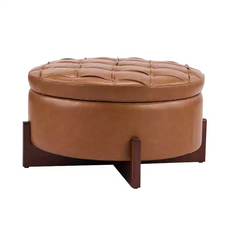 Pouf de rangement rond moderne en bois tapissé, avec capitonnage et couvercle réversible