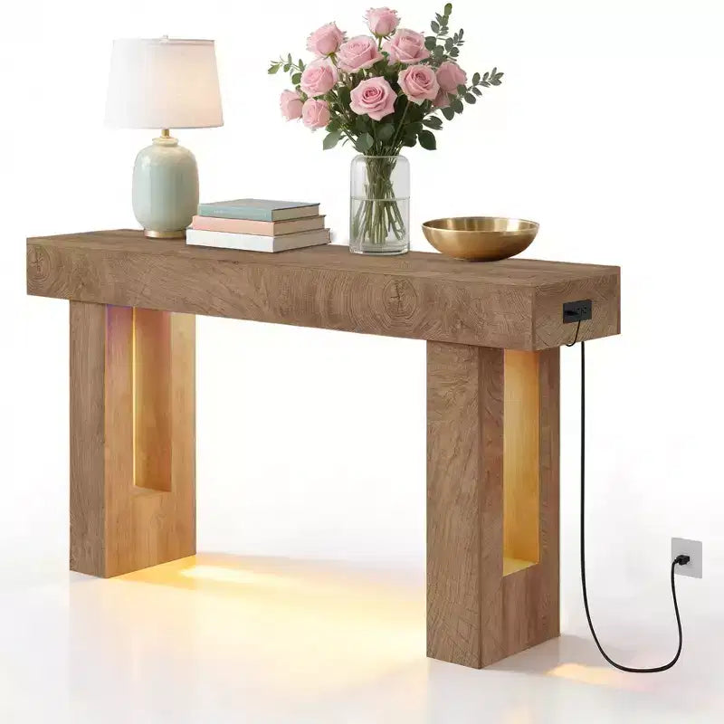 Table console de ferme, Table d'entrée en bois avec étagère de rangement, Table de canapé étroite pour couloir, hall d'entrée, Bois de santal