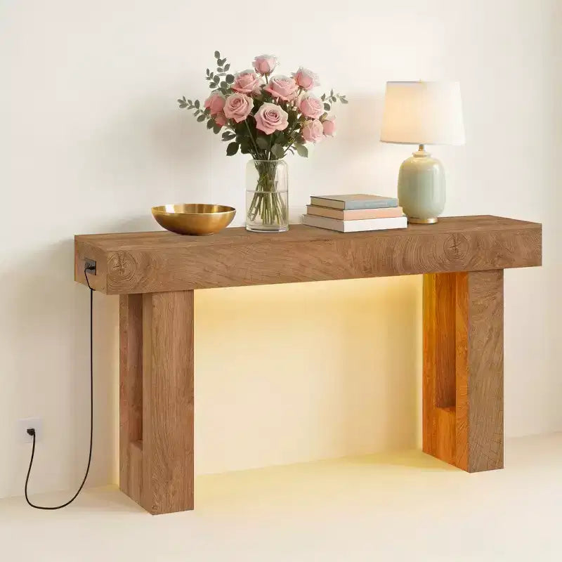 Table console de ferme, Table d'entrée en bois avec étagère de rangement, Table de canapé étroite pour couloir, hall d'entrée, Bois de santal
