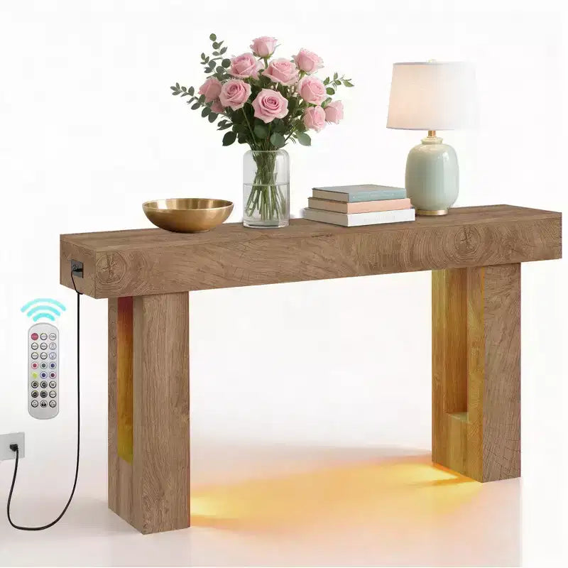Table console de ferme, Table d'entrée en bois avec étagère de rangement, Table de canapé étroite pour couloir, hall d'entrée, Bois de santal