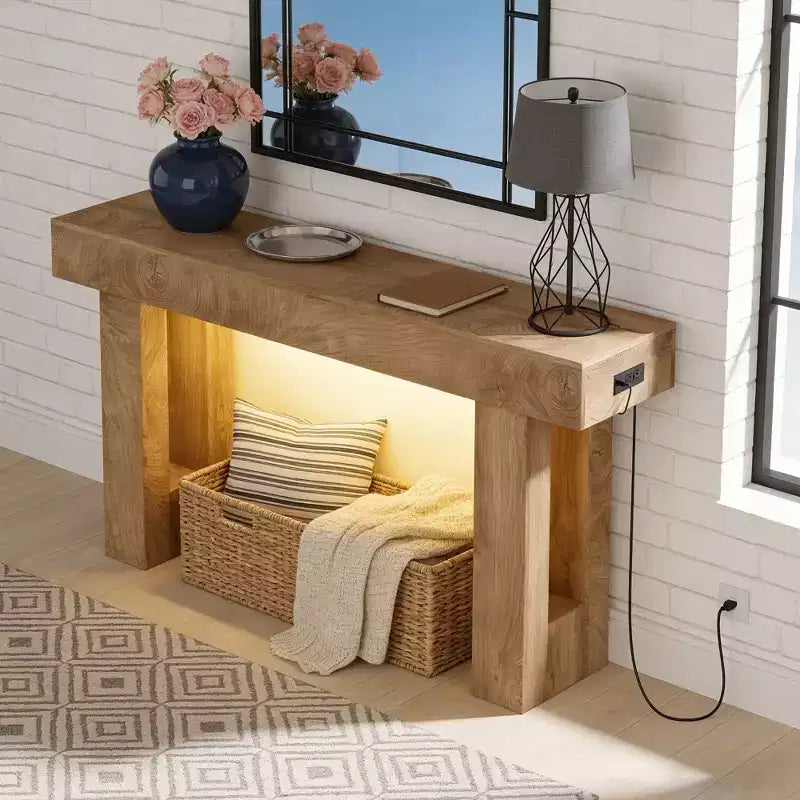 Table console de ferme, Table d'entrée en bois avec étagère de rangement, Table de canapé étroite pour couloir, hall d'entrée, Bois de santal
