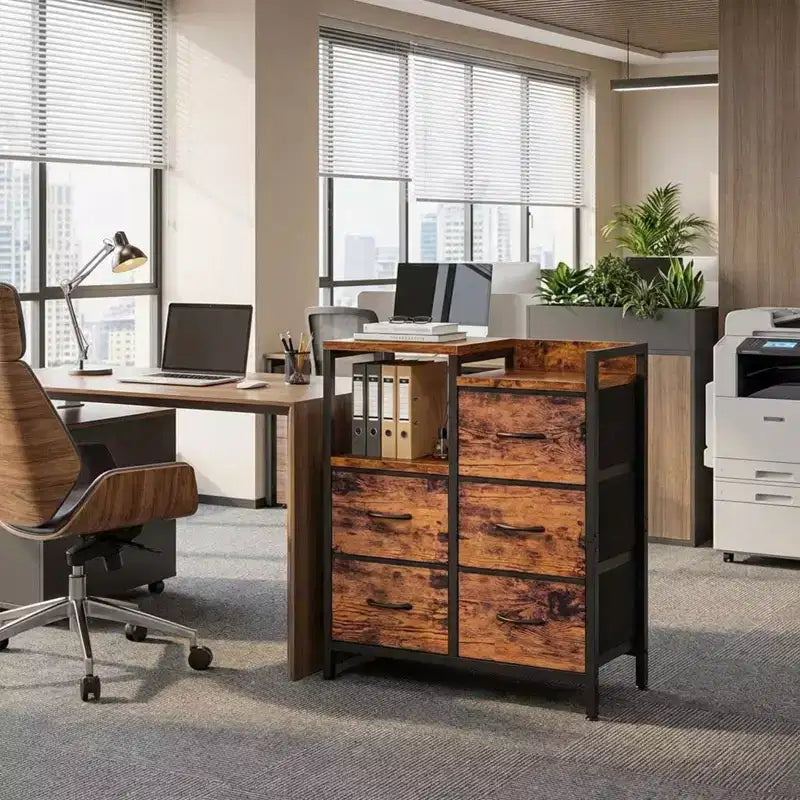 Meuble à 5 tiroirs avec étagère ouverte, classeur latéral en tissu pour le bureau