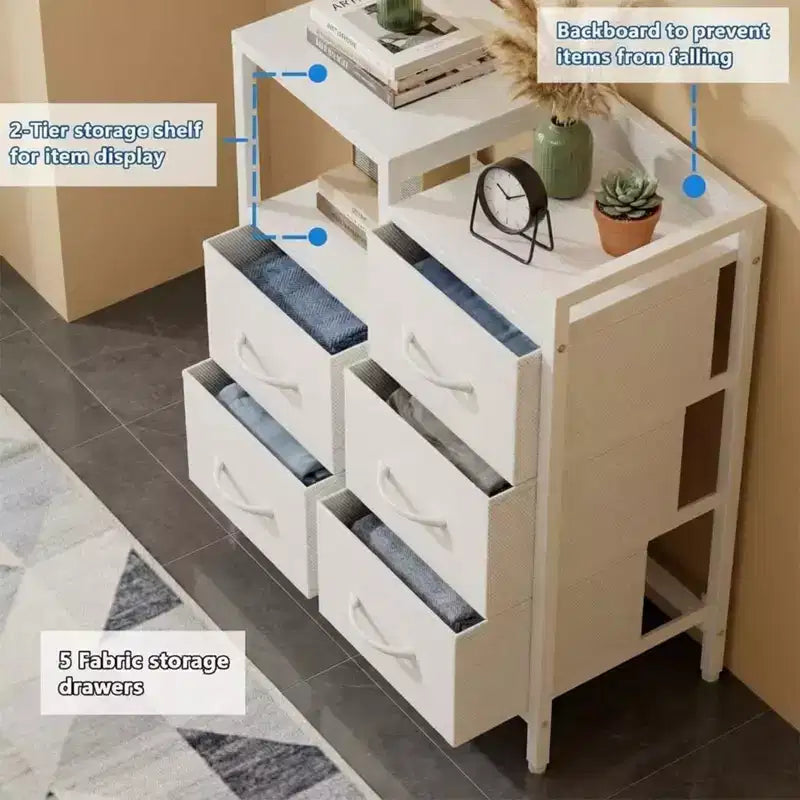 Meuble à 5 tiroirs avec étagère ouverte, classeur latéral en tissu pour le bureau