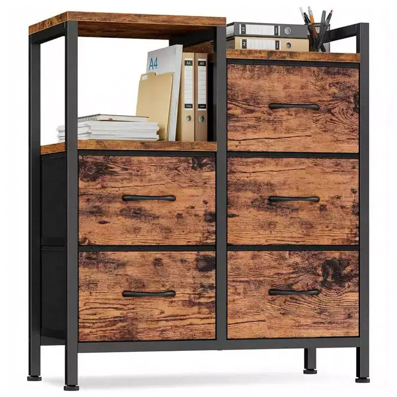 Meuble à 5 tiroirs avec étagère ouverte, classeur latéral en tissu pour le bureau
