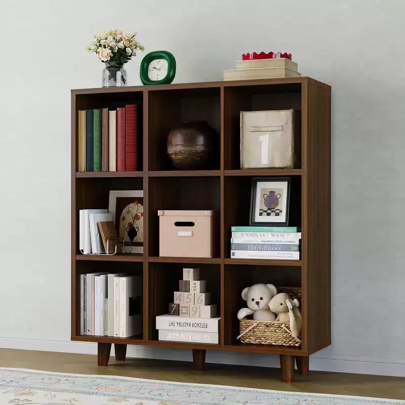 Étagère de bibliothèque mi-siècle à 9 niveaux, Rangement en cubes croisés avec kit anti-basculement, Organisateur rétro pour salon, bureau à domicile