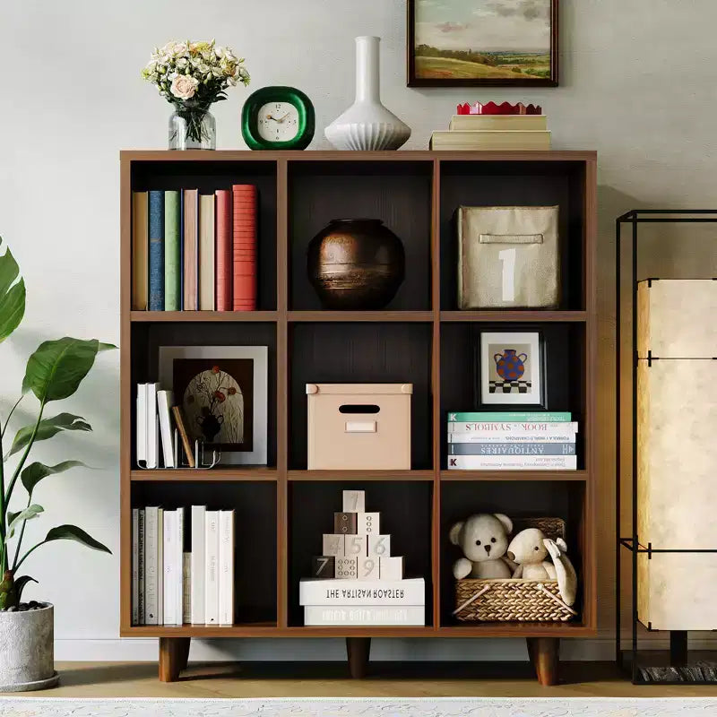 Étagère de bibliothèque mi-siècle à 9 niveaux, Rangement en cubes croisés avec kit anti-basculement, Organisateur rétro pour salon, bureau à domicile