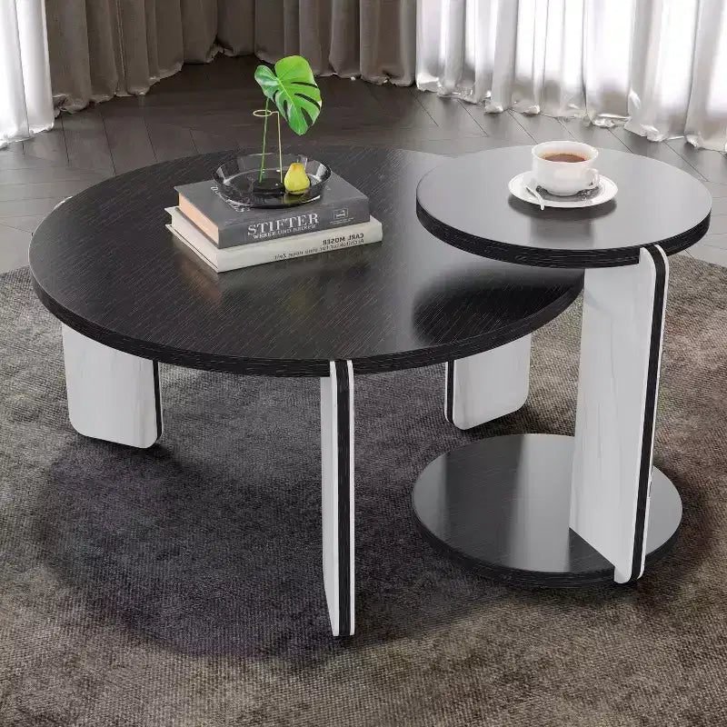 Ora Maison Modern Round Coffee Table Set with Sintered Stone Legs & Matching Side Table, Black