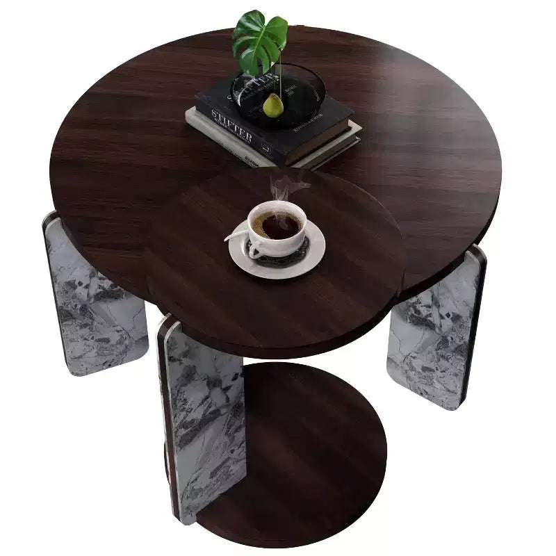 Table basse ronde moderne avec pieds en pierre frittée et table d'appoint assortie, noir