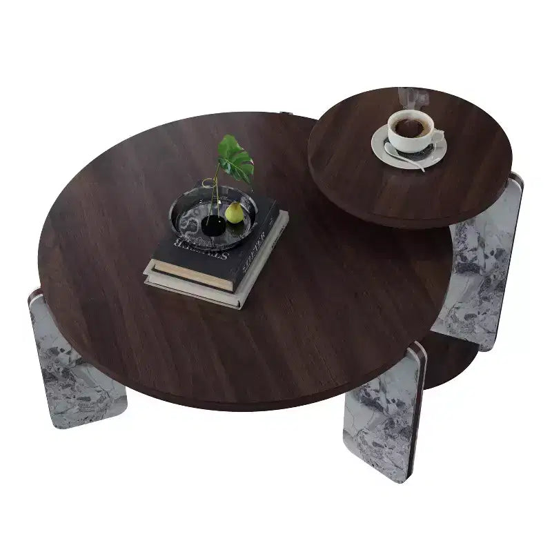 Table basse ronde moderne avec pieds en pierre frittée et table d'appoint assortie, noir