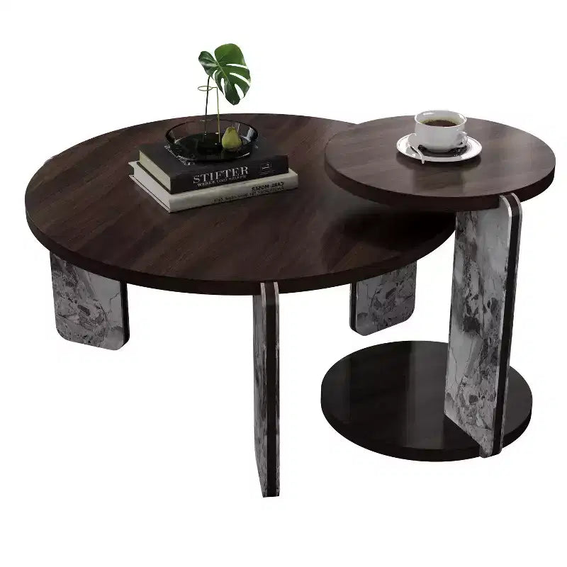 Table basse ronde moderne avec pieds en pierre frittée et table d'appoint assortie, noir