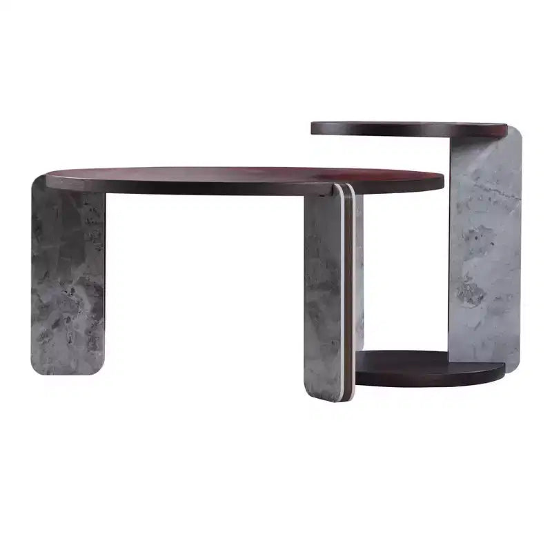 Table basse ronde moderne avec pieds en pierre frittée et table d'appoint assortie, noir