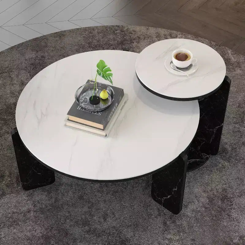 Table basse ronde moderne avec pieds en pierre frittée et table d'appoint assortie, noir