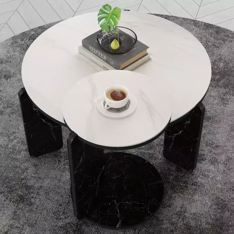 Table basse ronde moderne avec pieds en pierre frittée et table d'appoint assortie, noir
