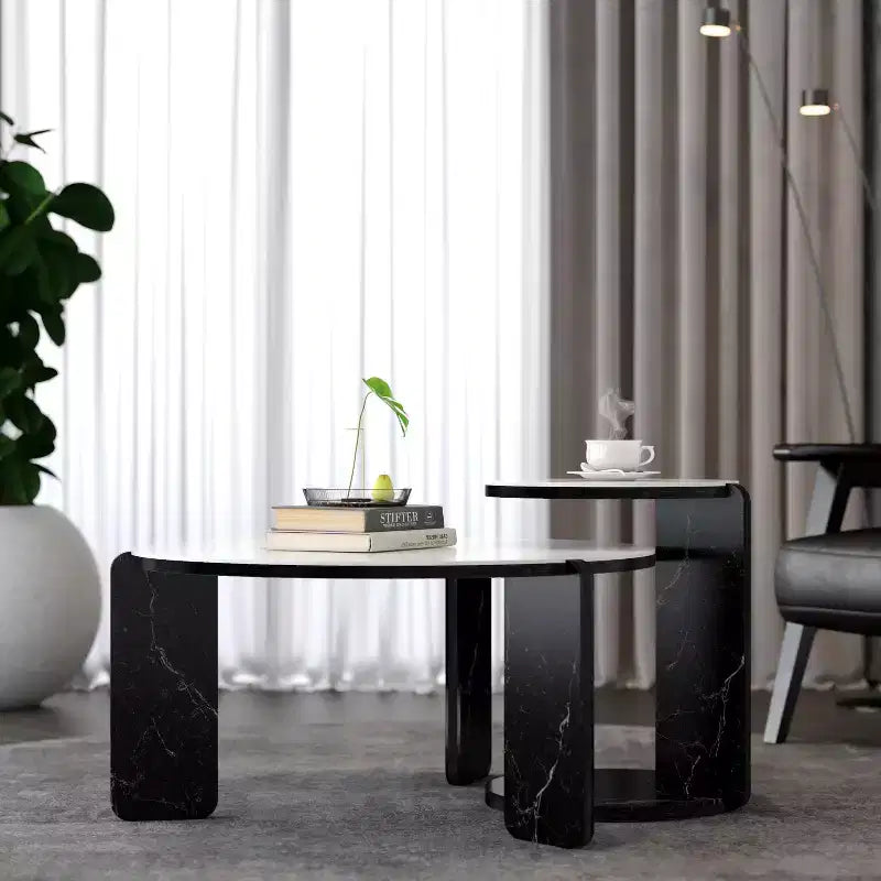 Table basse ronde moderne avec pieds en pierre frittée et table d'appoint assortie, noir